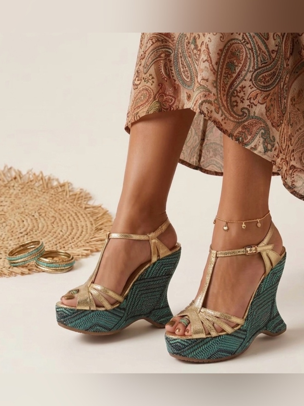 L.K. Bennett Athena Metallic Gold Teal Chevron Platform Wedge Sandals Boho Glam